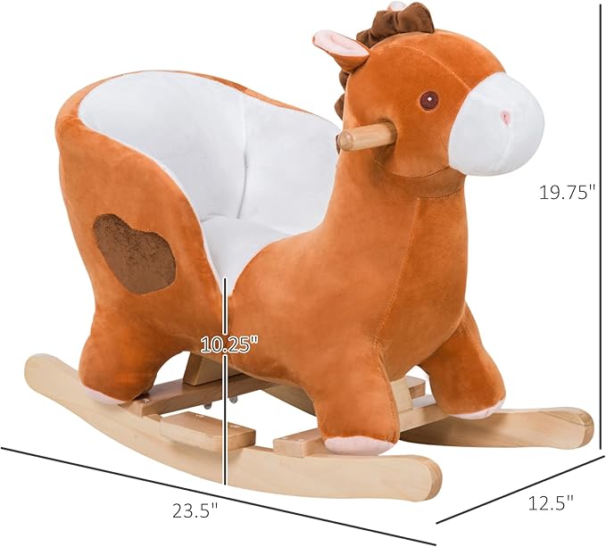 Qaba Kids Ride On Rocking Horse, Plush Animal Toy Sturdy Wooden Rocker with Songs for Boys or Girls