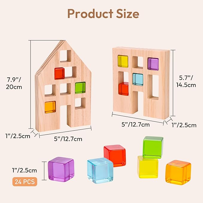 Woodtoe Wooden Building Blocks Set for Kids, 24 PCS Rainbow Gem Cubes Stacking Blocks - 2 Wood House, Montessori Stacking Toy for Toddlers, Educational STEM Learning Toy for Boys Girls 3-6