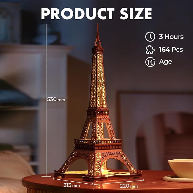 ROBOTIME 3D Puzzle for Adults DIY Model Building Kit with LED Light Wooden Eiffel Tower Craft Kit Architecture Toy Set Brain Teaser Gifts for Friend