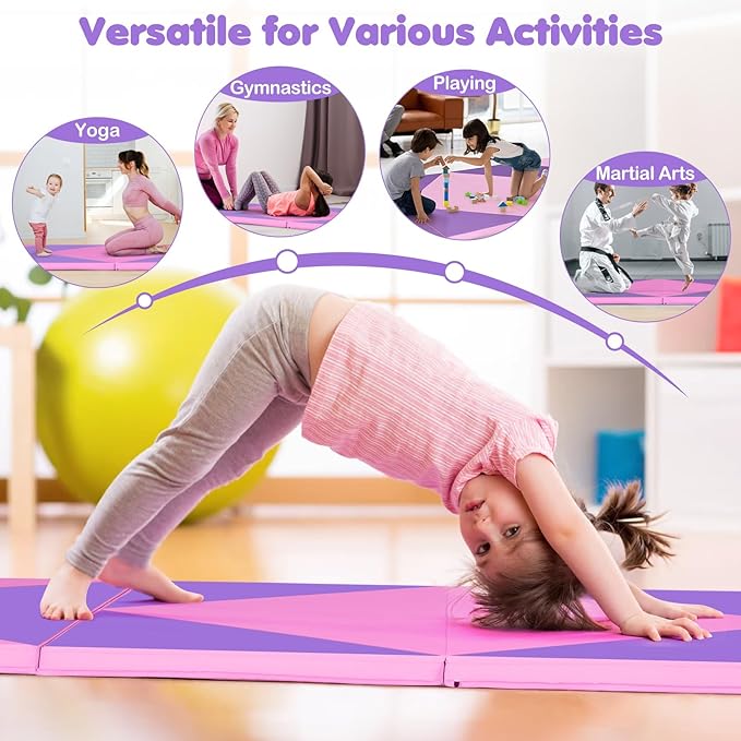 Giantex 4'x10'x 2" Gymnastics Mat, 4-Panel Folding Aerobics Exercise Mat w/Hook & Loop Fastener, Carrying Handle, Portable Tumbling Mat for Stretching Yoga Cheerleading Martial Arts