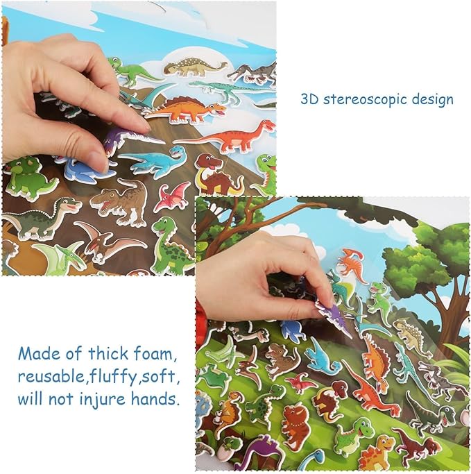 3D Dinosaurs Puffy Sticker Play Set Gifts Sticker Book Dinosaurs Window Gel Clings Decals Home Airplane Classroom Nursery Dinosaurs Party Supplies Decorations Removable 100 Reusable Puffy Stickers