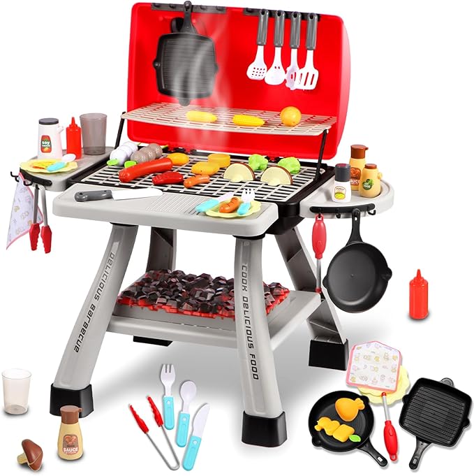 Kids BBQ Grill Playset with Simulated Smoke & Sound & Light, Play Kitchen Set W/ 41PCS Toy Food, Indoor & Outdoor Interactive Kitchen Pretend Play Toys, Cooking Toy Kit for Toddler Boy Girl 3 4 5+