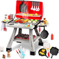 Kids BBQ Grill Playset with Simulated Smoke & Sound & Light, Play Kitchen Set W/ 41PCS Toy Food, Indoor & Outdoor Interactive Kitchen Pretend Play Toys, Cooking Toy Kit for Toddler Boy Girl 3 4 5+
