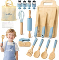 29 PCS Wooden Kids Cooking Set, Toddler Montessori Cooking & Baking Kitchen Tools for Real Cooking, 3 Knifes, Real Cutting Board, Apron, Kid Safe Kitchen Utensils for 3+ Year Old Boys Girls Gift