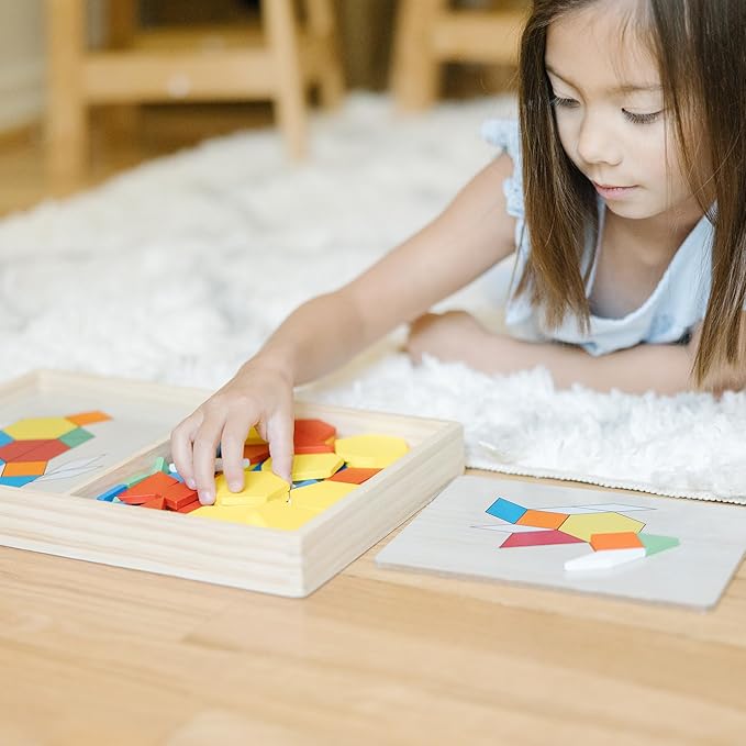 Melissa & Doug Pattern Blocks and Boards with 120 Multi-Colored Wooden Shape Tiles, 5 Double-Sided Puzzle Boards, Tangram Puzzles, Montessori Toys for Girls & Boys