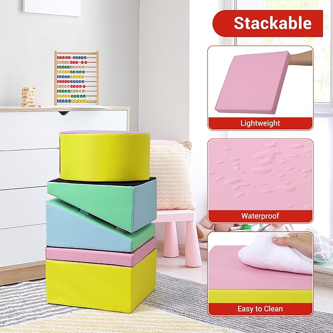 GarveeLife Foam Climbing Blocks for Toddlers, Waterproof Toddler Climbing Toys, Baby Jungle Gym Indoor Lightweight, Easy to Clean Foam Play Gym 5PCS