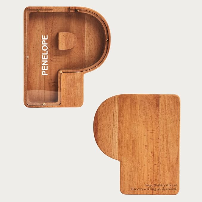 Personalized Wooden Piggy Bank – Custom Letter P Coin Bank in Beech Wood with Clear Acrylic Front, Engraved Name Option, Money Saving Box for Kids and Adults