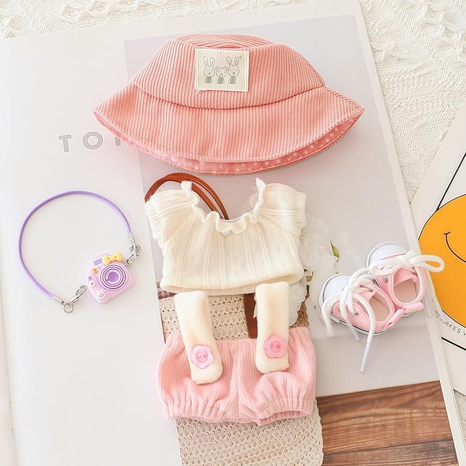 Clothes for Dolls Accessories (No Doll), Cute Outfit Set 5 Pieces Bib Pants for 15 & 17cm Doll Suit, Stylish Dress Up Overalls Doll Clothing Set Replacement with Hat Clothes Shoes Pink