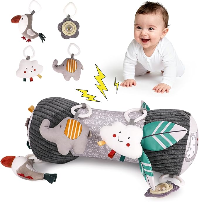 Inflatable Baby Tummy Time Toys Pillow for Newborn, Montessori Baby Sensory Toys Roller with Detachable Mirror, Squeaker, Teether & Rattle, Help with Early Development 3-6 Months(Elephant)