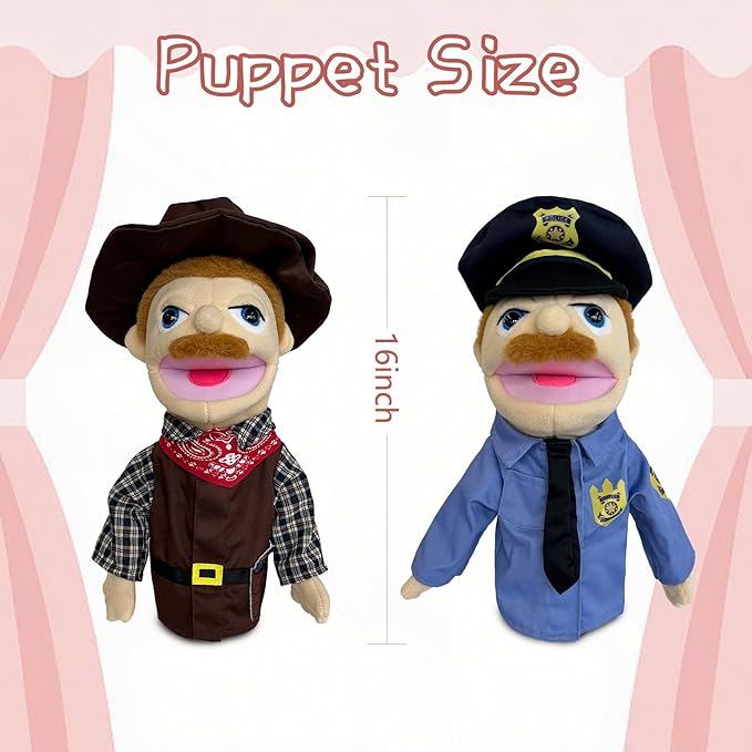 Hand Puppets Professional Characters, Police and Cowboy Role-Playing Storytelling Hand Puppet for Kids Age 4-8 Puppets with Movable Mouths and Control levers