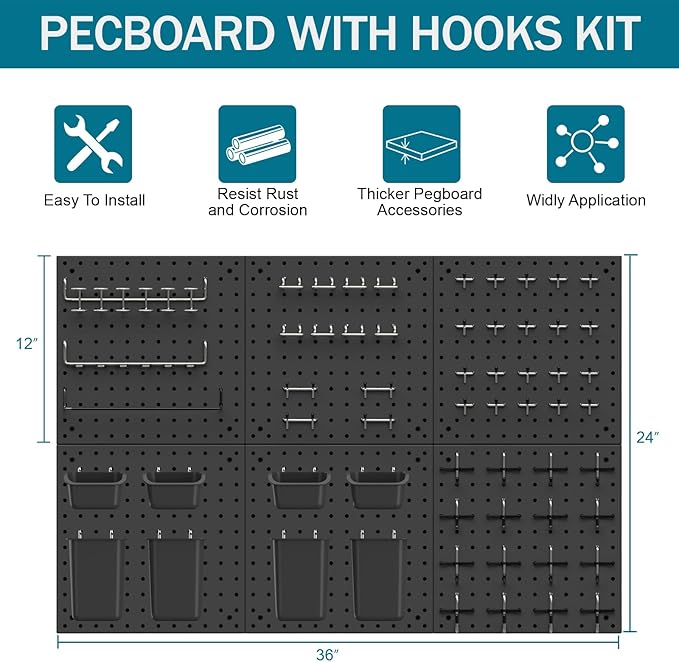Peg Board Kit, Includes Pegboard and Accessories,with Hooks and Bins,Peg Board Wall Organizer for Office,Ornaments Display,Crafts Organization (129, Black)