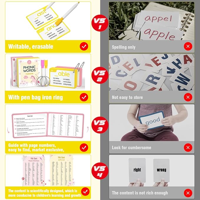 WJPC 232 Set Phonics Suffix Prefix Words Flash Cards,Sigh Words Flash Cards, for 7,8,9,10,11,12 Years 2nd, 3rd, 4th, 5th Grade Boys&Girls&Kids Learning Writing Reading