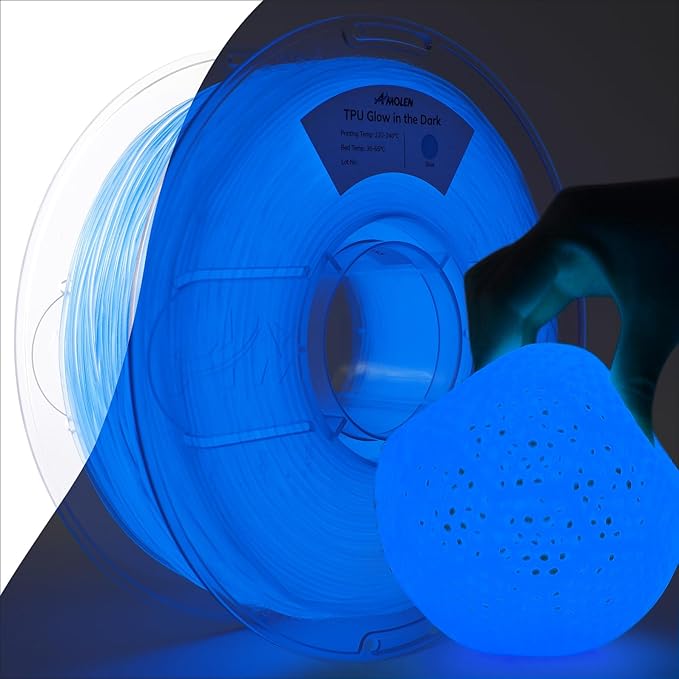 AMOLEN 95A TPU 3D Printer Filament, 1.75mm Glow in The Dark Blue, Soft TPU Flexible 3D Printing Filament, Best with UV Lamps, 1kg Spool, Dimensional Accuracy +/- 0.02 mm, Fit Most 3D Printers