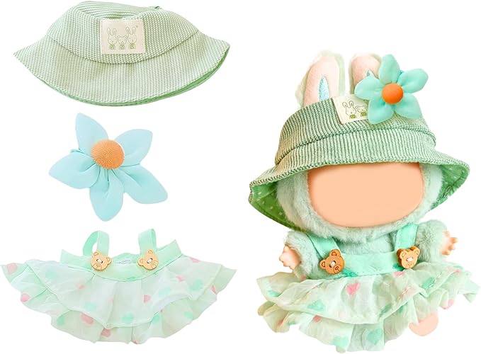 17cm Doll Clothes | Fashion Kawaii Chic Style Set for Dolls | 3-Piece Outfit with Green Hat, Floral Decor, Green Floral Print Dress (NO Doll)