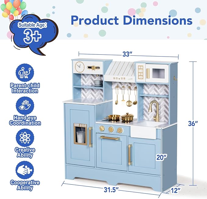Play Kitchen for Kids, Wooden Children Kitchen Playset w/Coffee Maker, Oven, Stove, Sink, Apron, Ice Maker, Cookware, Kids Toy Kitchen Set for Toddler Girls Boys Pretend Play Toy Gift Ages 3+