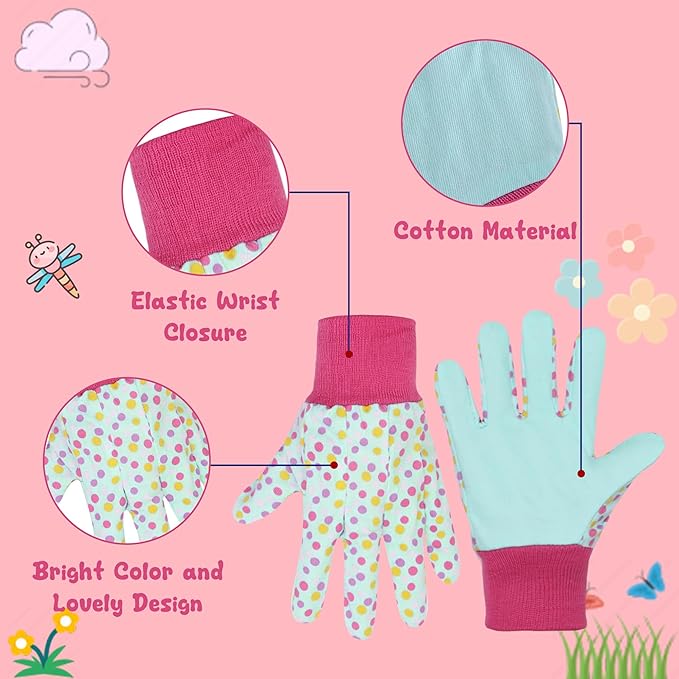 HANDLANDY 4 Pairs Kids Gardening Gloves, Girls Boys Children Garden Work Play Gloves (Pink Dot, Medium)