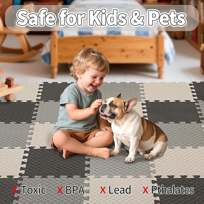 Foam Play Mat for Baby, 0.4 Inch Thicked Interlocking Floor Mats with Solid Colors, Soft Non-Toxic Baby Playmat, EVA Foam Playmat Foam Mats for Toddlers, 16 Tiles(White/Black/Gray)