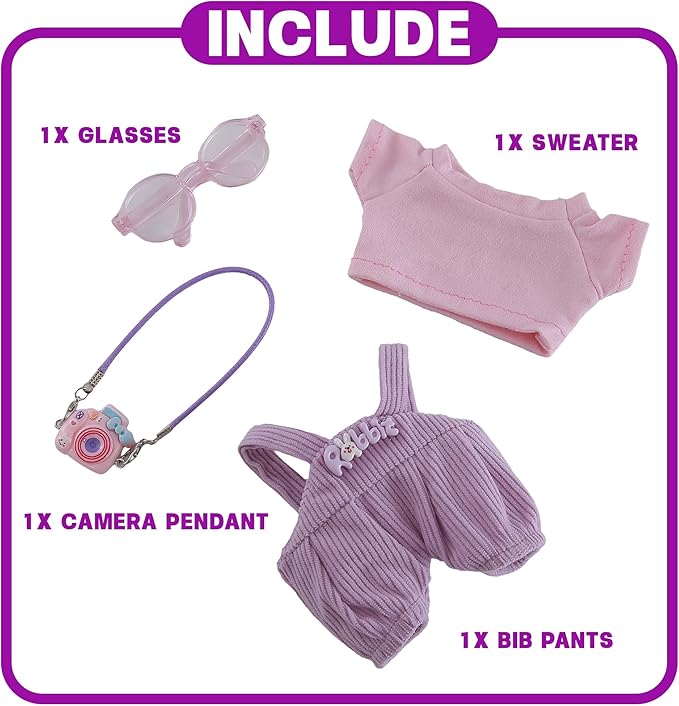 17cm Doll Clothes Set 3-Piece Doll Clothing Set with Purple Overalls Pink Glasses Accessories for 17cm Plush Dolls, Clothes Only, No Doll Included