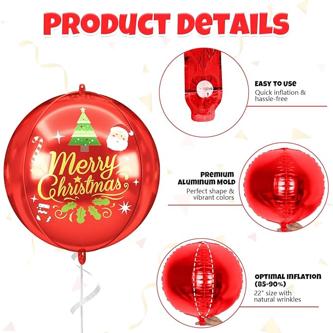 Xmas Foil Balloons Red Green Merry Christmas Printed, 6 Pcs Xmas Round Balloons, 22 Inch Big Round Foil Balloon For Christmas Party Decorations