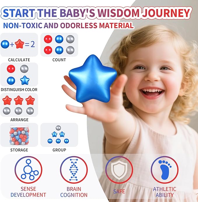 Ball Pit Balls Plastic Stars for Ball Pit BPA Free Plastic Balls Crush and Smash Proof Balls 100pcs 2.2" Set for Toddlers for Play Tent Tunnel (Red+Blue+Silver)
