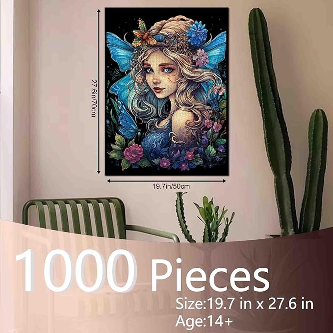Tucocoo 1000 Piece Jigsaw Puzzles for Adults Blue Butterfly Fairy Painting Jigsaw Puzzle Flowers Beautiful Girl 1000 Pieces Puzzles for Challenging Family Activity Game DIY Puzzle Wall Decor Gifts