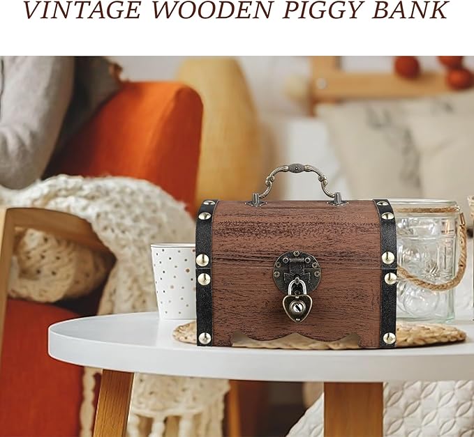 Vintage Piggy Bank Wooden Treasure Chest Decorative Wood Storage Box with Heart-Shaped Lock for Wedding Home Decor