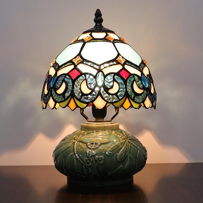 Small Tiffany Lamp Mushroom Table Lamp, Mini Stained Glass Desk Light Memory Sympathy Ceramic lamp 8X11 Inch (Sapphire Style)