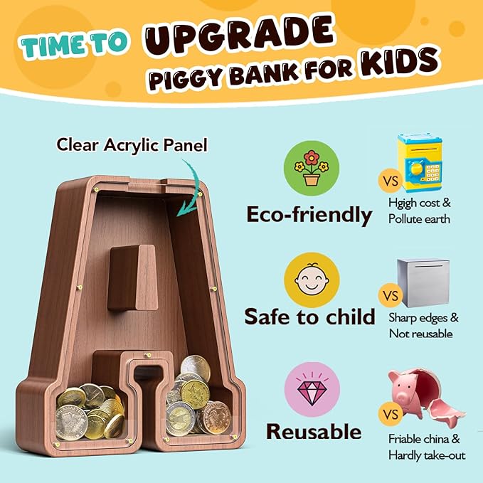 Summidate Wooden Letter Piggy Bank, Extra Thick Large Capacity Piggy Bank for Kids Boys Girls Toddler, Alphabet A Money Bank| Coin Box Birthday, Christmas, Festival