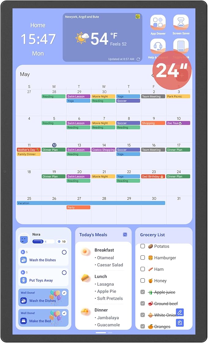 Cozyla Mate Digital Calendar+ 2: 24 Inch Wall Touch Screen Chore Chart Customize Dashboard Smart Electronic Calendar for Family Schedules Meal Planner Supports All Google Play Apps Wall Mount Black