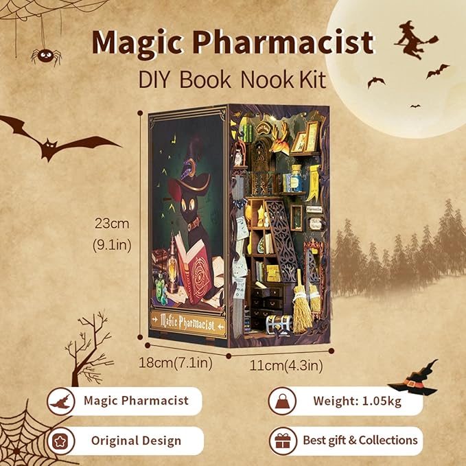 Fsolis Book Nook Kit, DIY Miniature House Kit 3D Wooden Puzzle Craft Kit for Adults Decorative Bookend Bookshelf Decor Gifts for Women Teens Book Lovers(Magic Pharmacist)