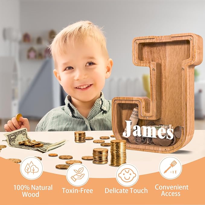 Wooden Letter Piggy Bank for Kids Larger Letter Piggy Bank for Boys and Girls Personalized Piggy Bank Initial Coin Bank Wood Kids Money Bank for Birthday and Festival