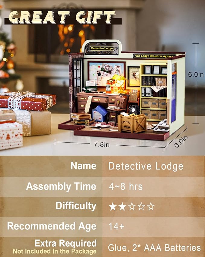 Miniature House Kit Detective Lodge, Tiny House with Furniture & LED Lights, Miniature Dollhouse Kit for Adults & Teens, Wooden Craft Gift & Hobby for Family Friends