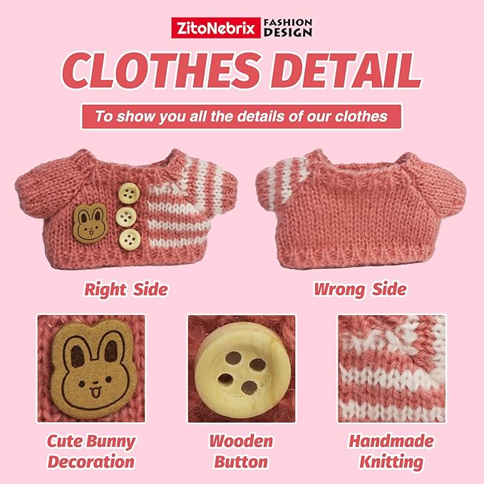 Cloth for 15cm ＆ 17cm Doll,5-Piece Handcrafted Crochet Clothes Outfit(NO Doll) - Light Pink Clothes + Light Pink Bear-Shaped Velvet hat + Glasses + Shoulder Bag + White Canvas Shoes