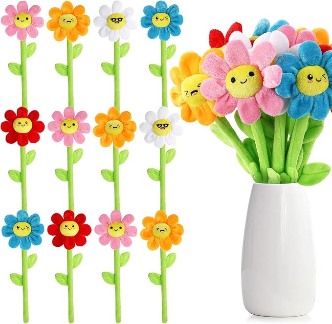 18 Pcs Plush Smile Flower Stuffed Bendable Stems Plush Bouquet Toy Soft Floral 12.6 Inch for Graduation 2025 Mother's Day Valentines Day Girl Girlfriend Wife Family and Friends(Lovely Style)