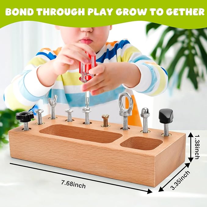 Montessori Busy Board for Toddlers 3-5 Years, Wooden Screwdriver Activity Board, Fine Motor Skills & Sensory Development Toy, Preschool Learning & Travel