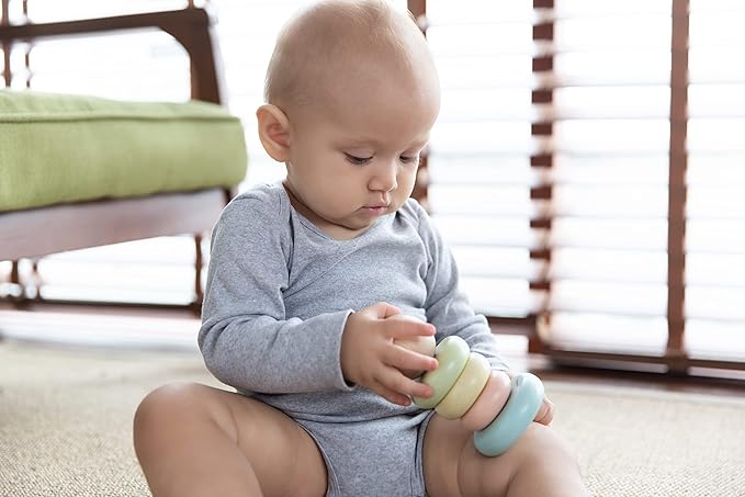 PlanToys® First Stacking Ring | Montessori Wooden Stacking Toy for Babies & Toddlers | Baby Learning Toy for Fine Motor Skills, Sensory Play & Color Sorting