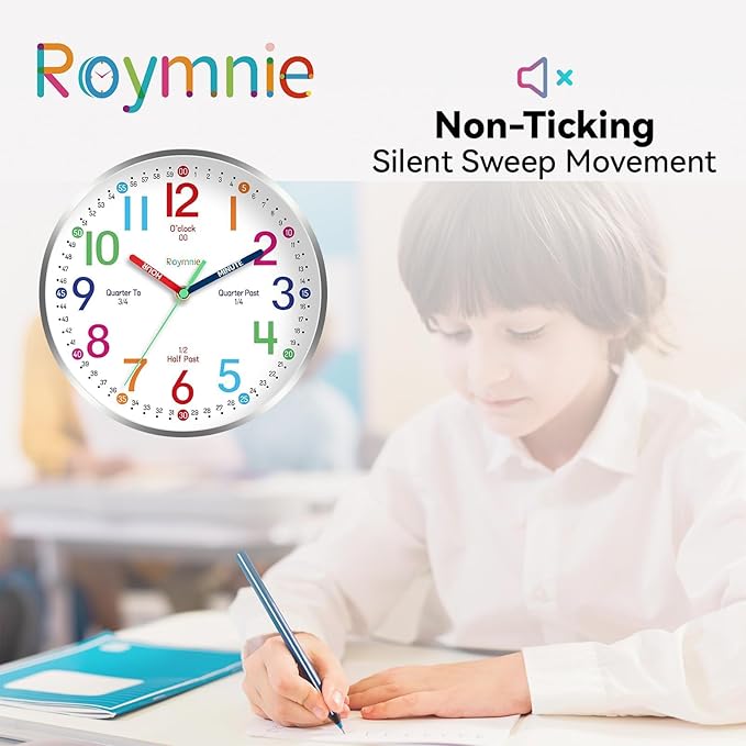 Wall Clock for Kids Learning Easily Kids Teaching Clock Silent Non Ticking Battery Operated Colorful Teaching Time Clock Decorative for Kids Room Classroom School (10 Inch)
