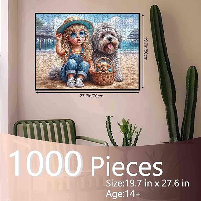 Tucocoo 1000 Piece Jigsaw Puzzle for Adults, Beach Scene with Girl, Dogs and Basket – Summer Coastal Puzzle – Whimsical and Relaxing Art Puzzles for Adults, DIY Fun Brain Challenge Gift Home Decor