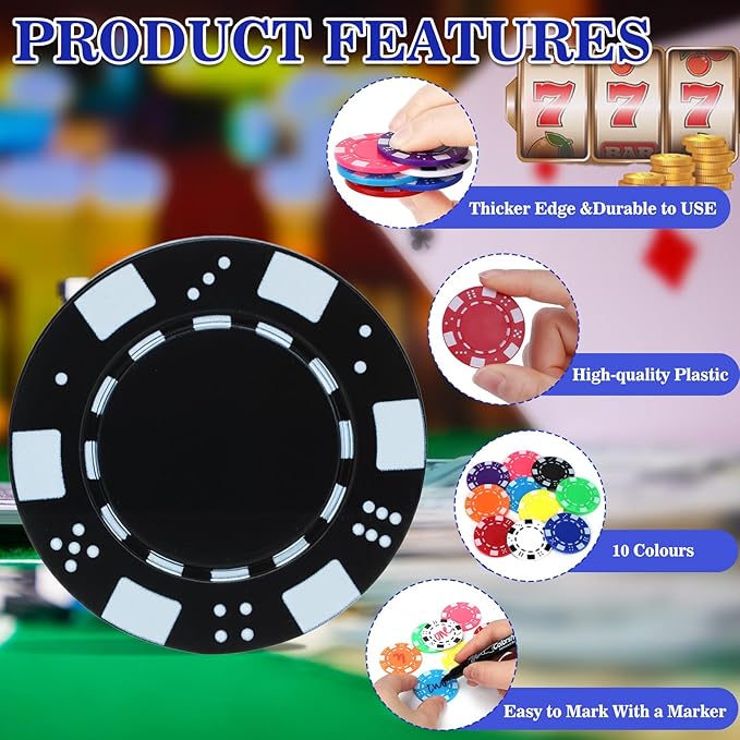 Coopay 500 Pcs Plastic Poker Chips for Texas Hold'em, Blackjack, Poker Chips Set with Dice Striped Edges for Card Board Game, Card Club Late Game Night Home Themed Events Party Supplies