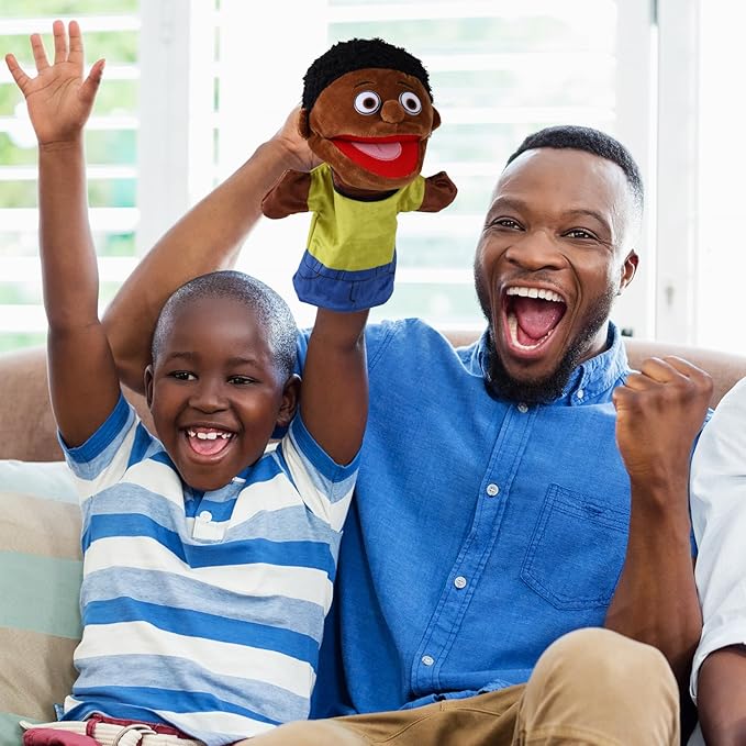 1 Pcs Family Hand Puppets 12 Inch Grandparents, Mom & Dad, Brother & Sister Plush Hand Puppet Toys Role-Play Toy Puppets for Kids Storytelling Imaginative Pretend Play Teaching Preschool(Black Bro)