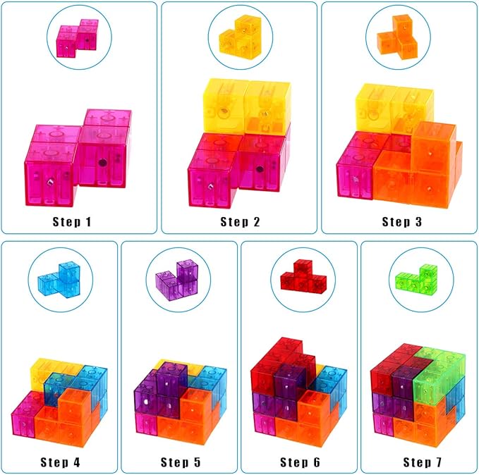 Magnetic Building Blocks Magic Magnetic 3D Puzzle Cubes, Set of 7 Multi Shapes Magnetic Blocks with 54 Guide Cards, Intelligence Developing and Stress Relief Fidget Toys
