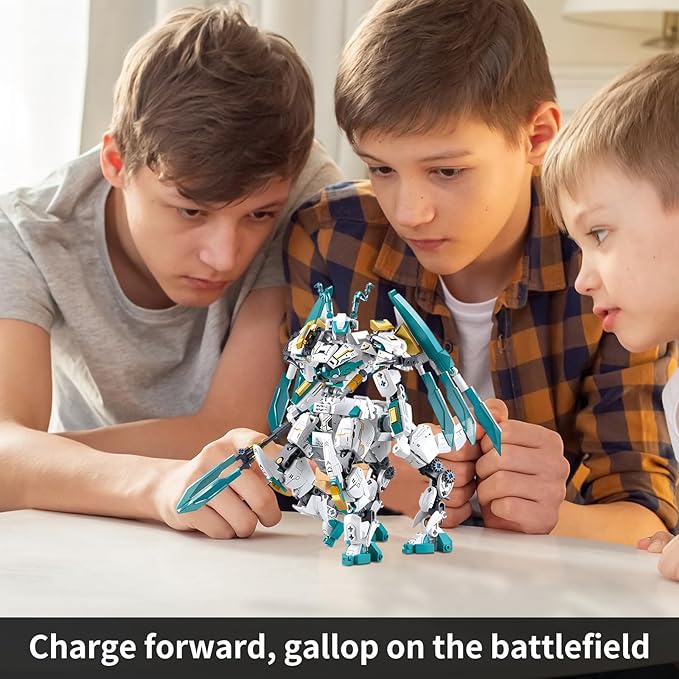 White Horse Dragon Samurai mech Robot Model Knight 2 in 1 Building Blocks Toy Set Mythical Birthday for Age 8+ Children Adults Teens 731 Pieces