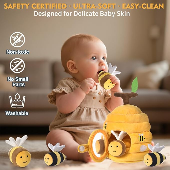 Baby Toys for 1 Year Old, Soft Beehive with 5 Stuffed Bees, Crinkle, Rattle, Mirror, Montessori Toys for One Year Old Birthday Gift, Babies Sensory Balls for 12-18 Month Baby