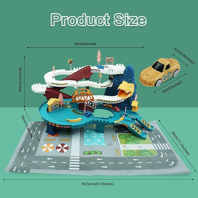 RedCrab Kids Dinosaur Car Playset Toy Ramp Track Set,Dino Adventure Toys with Flexible Track and 4 Mini Race Cars,Winding Highway Dinosaur Hill Toy Gifts for 3 4 5 6 Year Olds Boys Girls