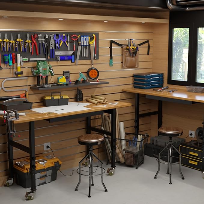 60" Adjustable Workbench with Drawer, Movable Heavy-Duty Workstation with Locking Wheel, 2000 LBS Worktable with Power Outlets, Wooden Work Bench for Garage, Workshop, Office