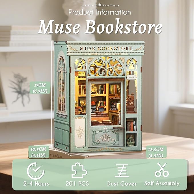 Fsolis Book Nook Kit - DIY Miniature House Kit 3D Puzzles for Adults Beginners Tiny House Mini Booknook Craft Bookshelf Decor, 281 Wooden Pieces, Gifts for Women Teenagers Book Lovers (Muse Bookstore)