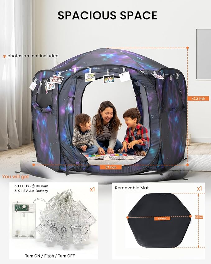 Kids Pop Up Play Tent with Fairy Lights, Hexagonal House with Removable Mat, Indoor Playhouse for Children, Galaxy Theme Gift for 3-4 Kids