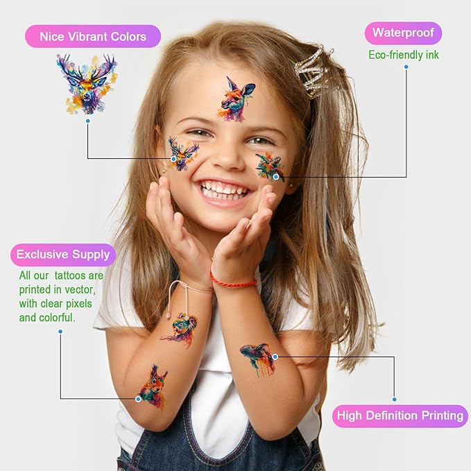 Aresvns Watercolor Cute Animals Temporary Tattoos for Kids, 117 Patterns Kwaii Lion Dog Wolf Owl Butterfly Tattoo for Girls Boy Tiny Tattoo for Birthday Party Decoration Supplies Summer Accessories