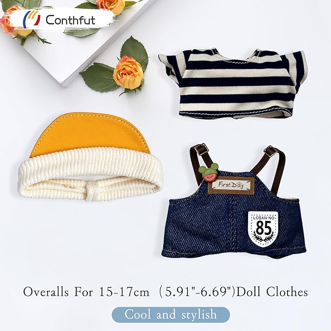 17cm Doll Clothes,15cm Dolls Outfit Set,Accessories for Dolls,Stylish Clothes Set Dress Up (No Doll) (Blue Overalls Suit+Hat)