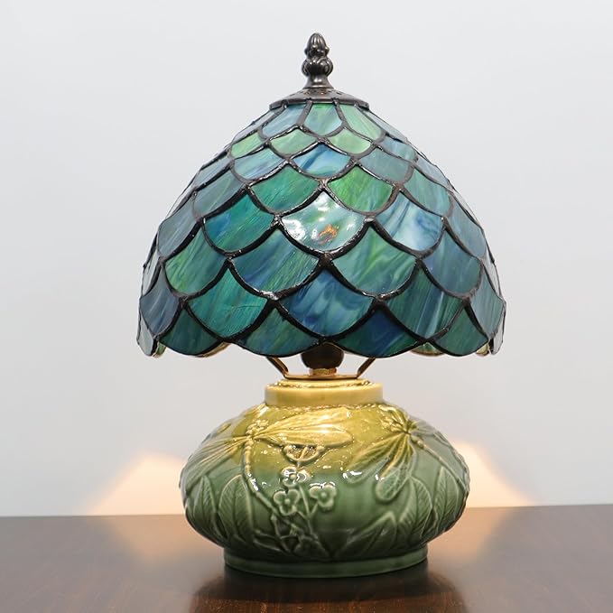 Small Tiffany Lamp Mushroom Table Lamp, Mini Stained Glass Desk Light Memory Sympathy Ceramic lamp 8X11 Inch (Fishscale Style)